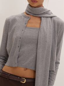 MUSEYN Grey Knit Scarf Detail 3 Pieces Cardigan Versatile Lounge Everyday Date Night Chic New Season Fall - Light Grey - View 3