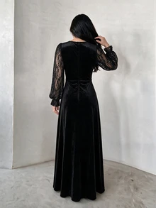 Modelyn Women's Black Velvet Knit Computer Rhinestone Lace Long Sleeve Cinched Waist A-Line Elegant Romantic Long Dress - Black - View 2