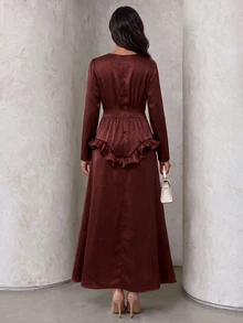 Modelyn Glossy Long Sleeve Dress, Round Neck Elastic Waist Pleated Design With Ruffle Hem, Draping Slimming Versatile Commute Party Dress, Suitable For Date, Commute, Gathering, Daily Wear - Rust Brown - View 2