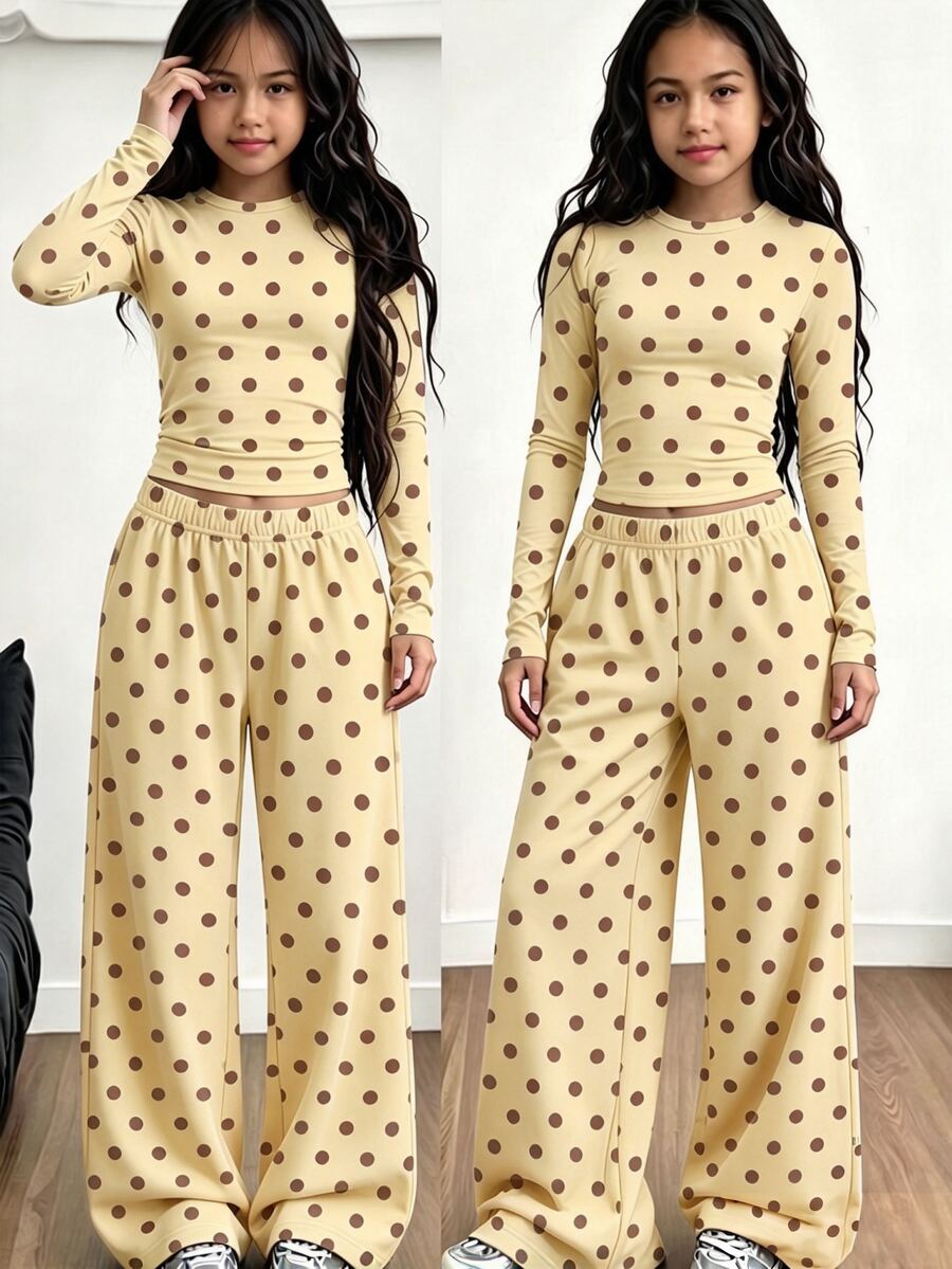 Tween Girls 2pcs Set Striped Heart & Four-Leaf Clover Print Long Sleeve Crew Neck T-Shirt + Wide Leg Pants, Spring/Autumn College Style Casual Y2K Aesthetic Outfit - Multicolor - View 1