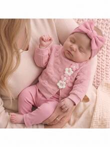 SHEIN 新生兒嬰兒 3D 花卉裝飾長袖上衣與長褲休閒日常套裝 - 粉色 - 查看 5