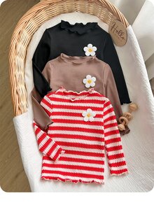 SHEIN 女嬰可愛休閒針織條紋花卉圖案長袖上衣 3件套（上衣與下裝分開銷售） - 紅色 - 查看 8