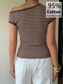 Aloruh 95%棉女款條紋不對稱肩短袖修身休閒T恤，棕色與白色條紋，返校季，休閒極簡日常百搭，約會出遊穿搭，女款秋季服飾，秋季穿搭，女款通勤穿搭，百搭上衣，出遊穿搭，機場穿搭 - 白色 - 查看 2