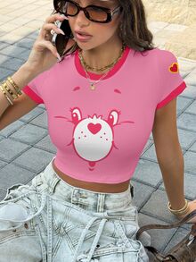 SHEIN X Care Bears 女款卡通印花拼色休閒日常短袖T恤 - 白色 - 查看 6