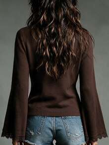 SHEIN Women Wrap VNeck Knit Top, Long Flare Sleeve Lace Trim Cuff Cropped Knitted Sweater For Daily Outfi - Coffee Brown - View 2