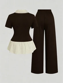 SHEIN Clasi Plus Size Women Solid Color Contrast Patchwork Lapel Short Sleeve Slim Fit Elegant Daily 2 In 1 Shirt T-Shirt + Loose Casual Versatile Long Pants 2 Pieces Set - Brown - View 2