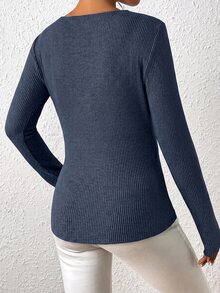 Aalyst Women Casual Ribbed Patchwork Solid Color Round Neck Long Sleeve T-Shirt, Autumn Fall Cloth For Women - Navy Blue - View 2