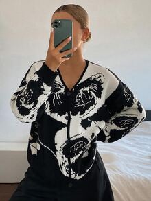DAZY Women's Elegant Fashion Jacquard Long Sleeve Knit Cardigan - Black and White - View 2