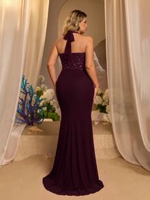 Glamrae Plus Size Elegant Burgundy Sexy Halter Neck Tie Lace Trim Neckline Luxury 3D Sequin Embroidery Sheer Fishbone Boning Waist Twist Fishtail Lace Faux Slit Design Suitable For Date Wedding Event Bachelorette Party Graduation Season Elegant Spring Summer Evening Gown Wedding Party Green Dress Women's Formal Evening Gown - Burgundy - View 2