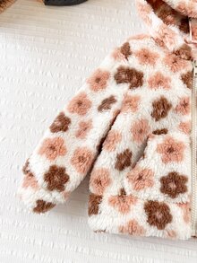 SHEIN 女嬰可愛秋冬百搭毛絨花卉圖案連帽外套 - 卡其色 - 查看 3