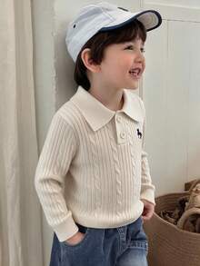 Dazy Kids Boys (Small) Turn-Down Collar POLO Neck Fitted Long Sleeve Autumn Sweater - Beige - View 4