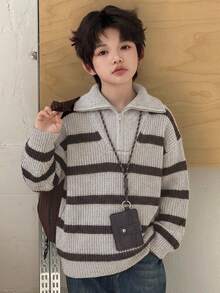 Dazy Kids 大童男孩條紋休閒日常長袖針織衫 - 淺灰色 - 查看 4