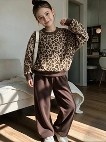 女童豹紋落肩衛衣與寬腿褲兩件套，休閒長袖街頭風，秋冬日常穿搭 - 彩色 - 查看 5