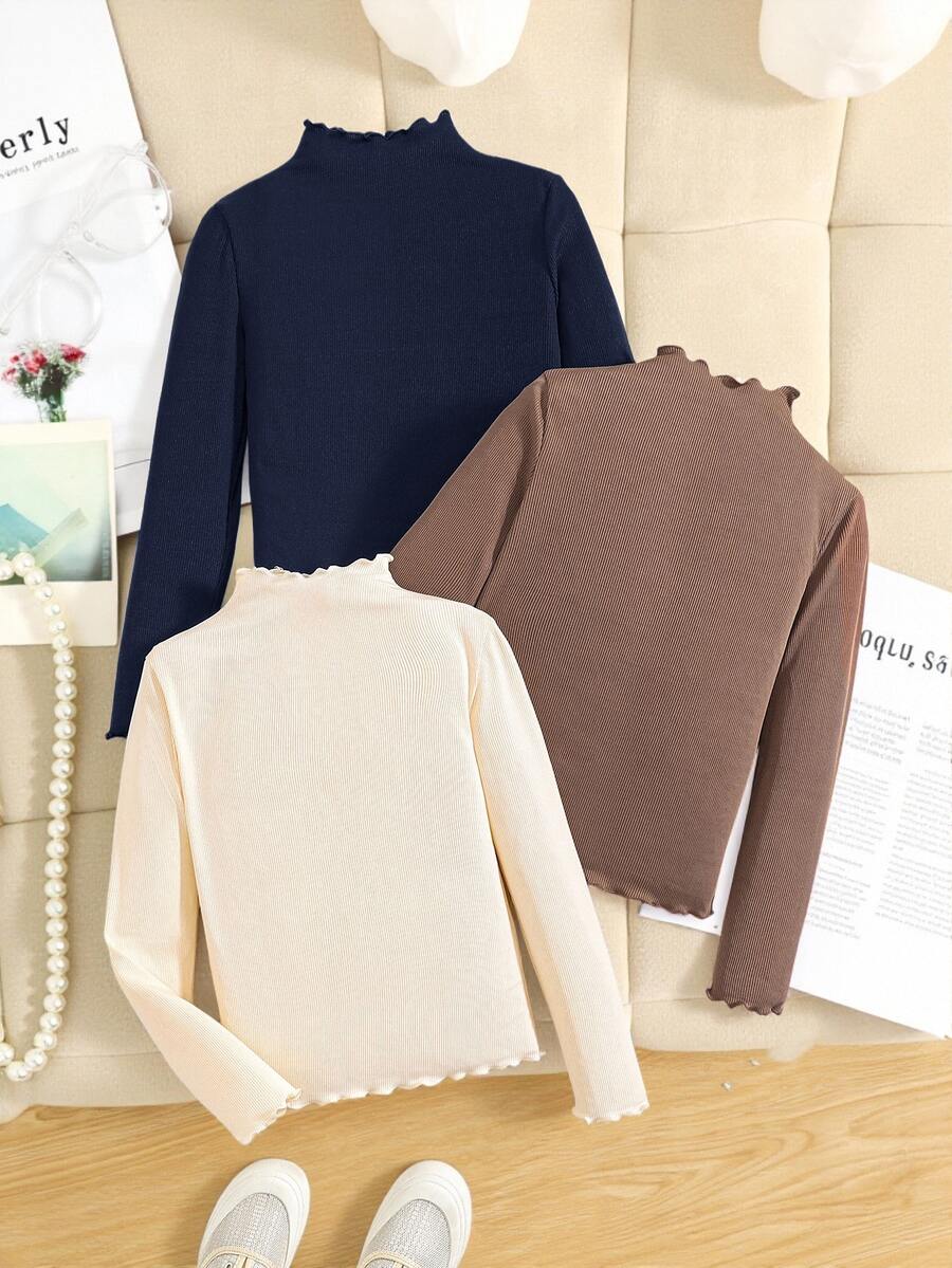 3pcs Tween Girls' Casual All-Match Solid Color Ribbed Lettuce Trim Mock Neck T-Shirts - Multicolor - View 1