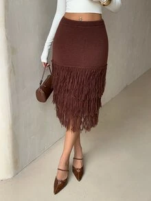 Glamine تنورة نسائية بلون موحد بتصميم شرابات كاجوال يومية محبوكة - قهوة بني - مشاهدة 1