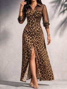 Velvienne Women's Fashion Elegant Long Sleeve Shirt Collar Button Placket Waist-Cinching Mesh Patchwork Leopard Print Modified Dress, Suitable For Daily Commute And Outing Wear - Multicolor - View 4