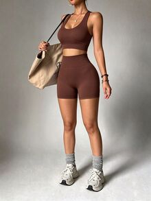 Dewbera Dewbera 女款無縫針織運動背心 + 運動短褲套裝 健身運動 黑色 夏季運動休閒運動風 - 咖啡棕 - 查看 4