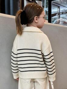 Hapijoa Young Girl) Striped Casual Collared Thick Autumn/Winter Sweater - Beige - View 2