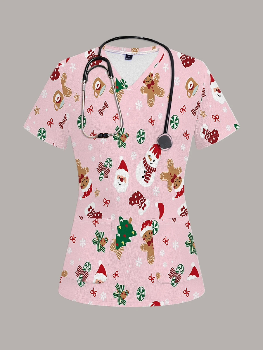 PopScrub Fun Christmas Pink Gingerbread Man, Christmas Tree, Snowman, Socks, Candy, Snowflake Women's Scrub Uniform Top - Multicolor - View 1