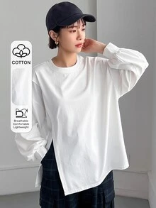 FRIFUL Women's Solid Color Casual Versatile Daily Long Sleeve T-Shirt Everyday White - White - View 1