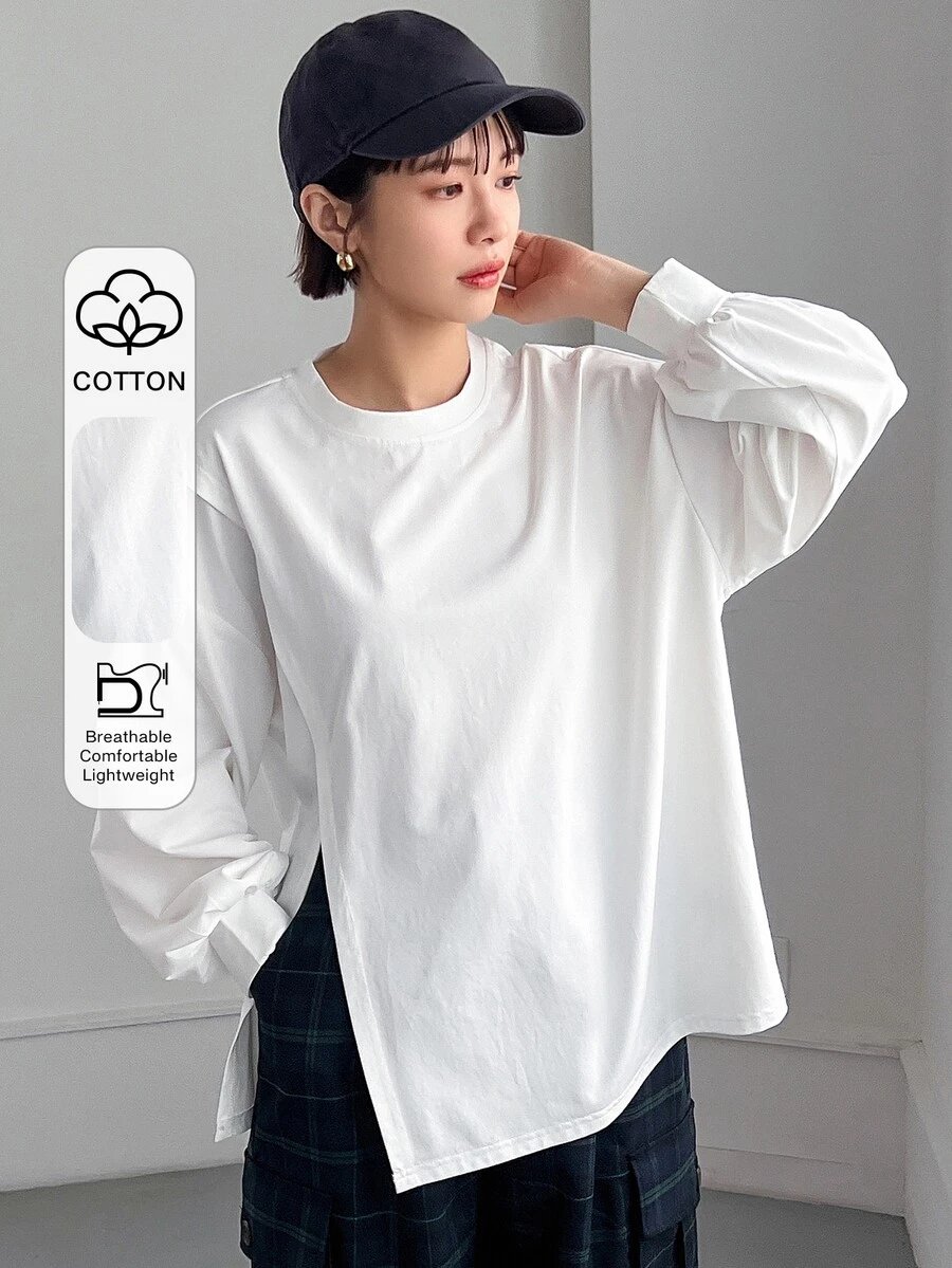 FRIFUL Women's Solid Color Casual Versatile Daily Long Sleeve T-Shirt Everyday White - White - View 1