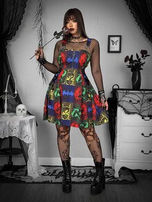 Whyspr BATMAN X SHEIN Plus Size Women's Bat Pattern Zipper Front Casual Pinafore Dress - Multicolor - View 7