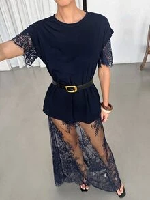 Lavishia 女款蕾絲刺繡透視洋裝拍照套裝，黑色花卉，夏季優雅派對夜女士俱樂部晚裝 - 藏蓝色 - 查看 3