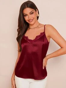 Amorya 女款蕾絲拼接優雅緞面V領細肩帶背心上衣，黑色夏季夜生活百搭日常通勤端莊復古老錢風教師休閒絲綢背心 - 酒紅色 - 查看 6