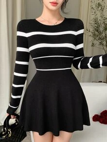 DAZY Women's Patchwork Striped Round Neck Long Sleeve Casual Knit Dress - Black - View 3