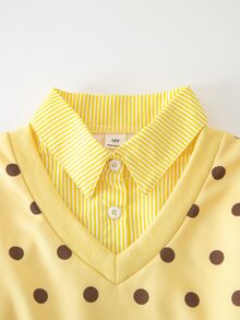 SHEIN Tween女孩秋季穿搭上衣 2件/套 Romweezy 海軍藍秋季休閒校園返校季 2合1翻領襯衫V領短版上衣 - 黃色 - 查看 5