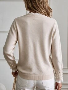 SHEIN LUNE CURVE Beige Lace Patchwork Knit Sweater . Pearl Cuffs . Ruffle Collar . Slimming Versatile Plus Size Pullover - Apricot - View 2