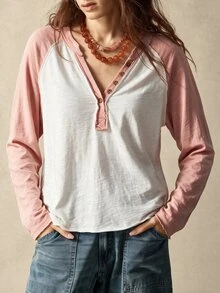 Bohemela 休閒針織拼色半開襟女款T恤 - 粉色 - 查看 6