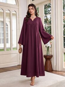 Al Najma Burgundy Abaya Muslim Dress, Woven Textured VNeck Bell Flare Sleeve Loose Flowy Soft Fabric Arabic Robe For Daily Party Evening, Modest Elegant - Burgundy - View 5