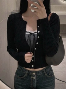 DAZY Women's Lace Patchwork Camisole And Long Sleeve Cardigan Casual Everyday 2 Pieces Set - Black - View 4