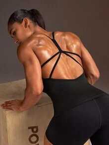 Powerista Women's Black White Gray Fitted Backless Sports Tank Top - Black and White - View 7