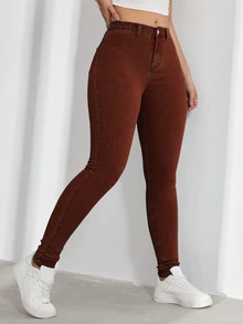 SHEIN ICON 大尺碼女款休閒舒適淺藍色彈性牛仔褲 - 棕色 - 查看 6