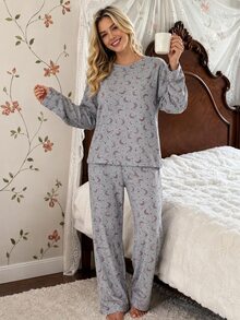 SHEIN Women Grey Moon & Star Print Crew Neck Long Sleeve Soft Ribbed Top And Matching Straight Leg Pants Casual Relaxed Fit 2-Piece Pajama Set - Light Grey - View 3