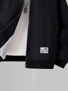 SHEIN 男孩大號黑色夾克，灰色抓絨內裡，舒適簡約休閒百搭，適合外出，適合秋冬穿著 - 黑色 - 查看 5