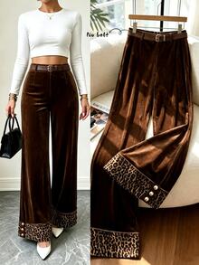 LUMIGAL Winter Women's Elegant Leopard Print Patchwork Button Trousers Business - Black - View 6