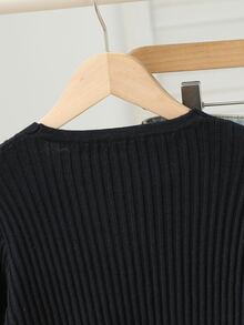SHEIN 少女純色V領休閒日常開襟衫 - 黑色 - 查看 7