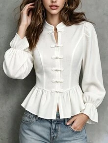 Lumivelle New Chinese Style National Wind Stand Collar Frog Button Petal Sleeve Ruffle Hem Waist-Cinching Short Textured Fabric Flare Cuff Solid Color Blouse - Apricot - View 5