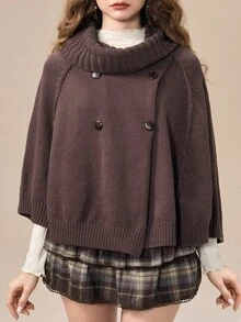 ROMWE Women's Solid Color Fashion Versatile Double-Breasted Cape Shawl Cardigan - Brown - View 2