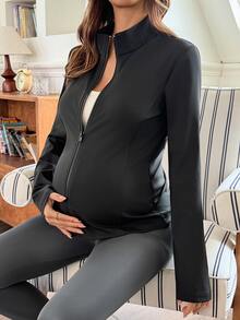 Dazy Maternity Jaket Kasual Gaya Korea Musim Semi/Gugur Lengan Panjang Elastis dengan Resleting, Warna Polos, Cocok untuk Olahraga Sehari-hari, dan Ibu Hamil. - Hitam - View 7