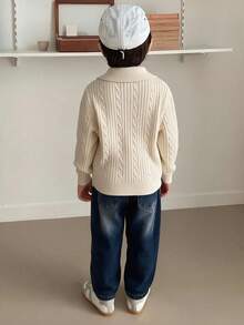 Dazy Kids Boys (Small) Turn-Down Collar POLO Neck Fitted Long Sleeve Autumn Sweater - Beige - View 2