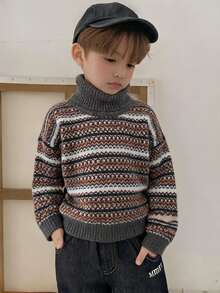 DAZY Boys' (Small) Fancy High Neck Sweater Top, Colorful Long Sleeve Autumn/Winter Knitwear - Grey - View 5