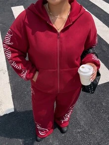 Muchica Plus Size Women's Letter Print Zip-Up Hoodie And Sweatpants Casual 2 Pieces Set - Burgundy - View 7