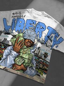 Manfinity Roghcode 男士 Liberty 嘻哈角色與鈔票印花 T-shirt，粉色與白色，夏季街頭穿搭度假風，美式街頭風格圓領休閒短袖 - 彩色 - 查看 2