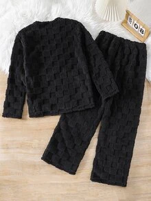 SHEIN 青少年男孩 2件組休閒格紋紋理極簡加厚長袖圓領居家服褲裝，適合秋冬、短途外出、返校、睡衣派對、拍照、假期，舒適穿著 - 黑色 - 查看 3
