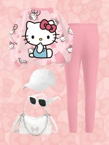HELLO KITTY AND FRIENDS | SHEIN طقم ملابس كاجوال يومي للبنات الصغيرات، بلوزة رياضية بأكمام طويلة وبنطال رياضي بطبعة كرتونية - أبيض - مشاهدة 4