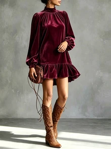SHEIN 高領燈籠袖荷葉邊天鵝絨洋裝 - 酒紅色 - 查看 6